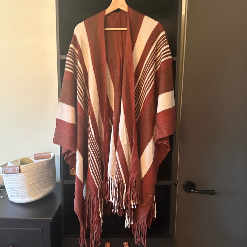 Striped Fringe Shawl in Red and White
